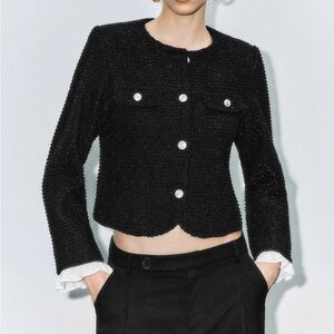 FREE SHIPPING Urban Revivo Black Tweed Women's Blazer with removable white cuffs